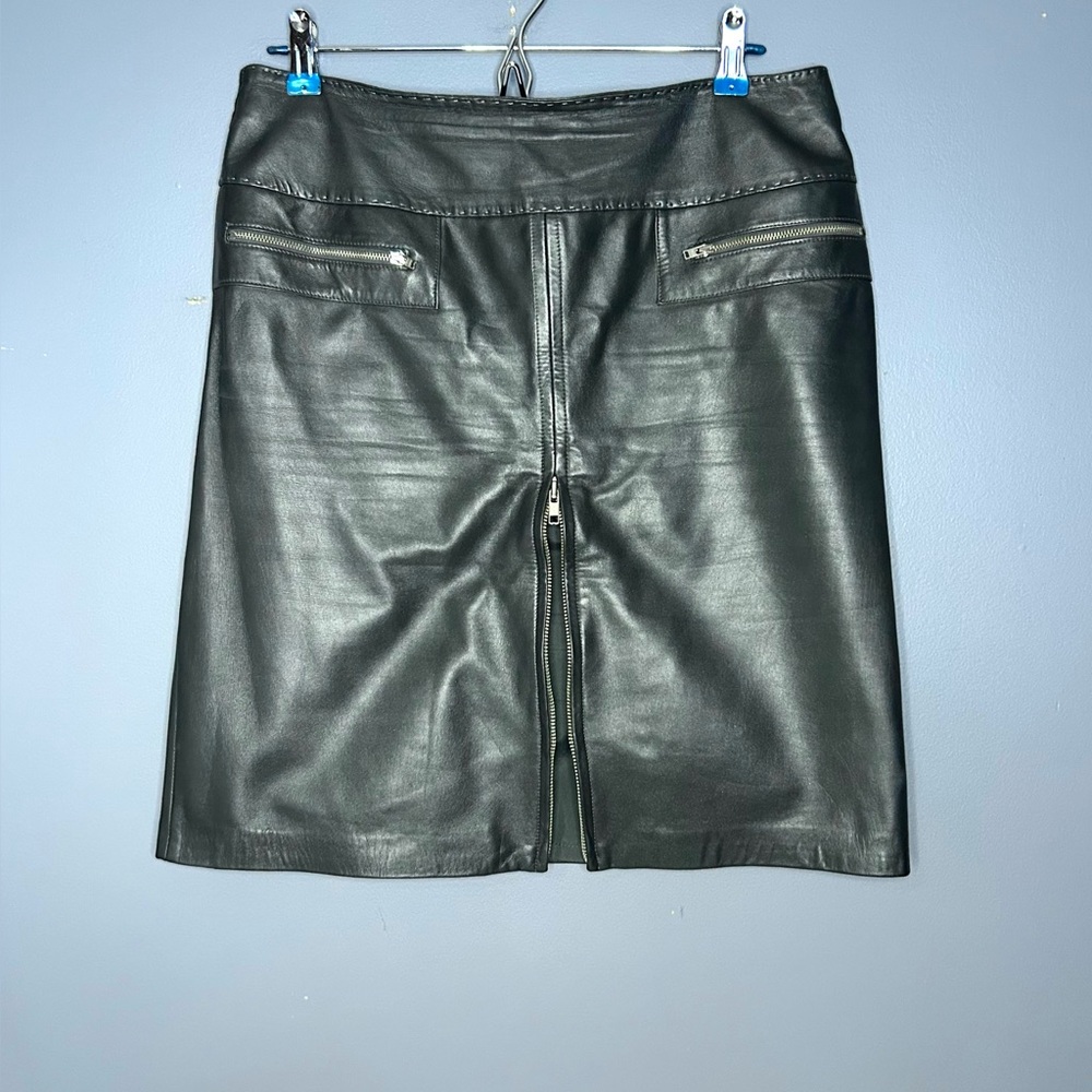 Vintage Cache Leather Pencil Skirt Womens 10 Gray Front Zip Lined Above‎ Knee